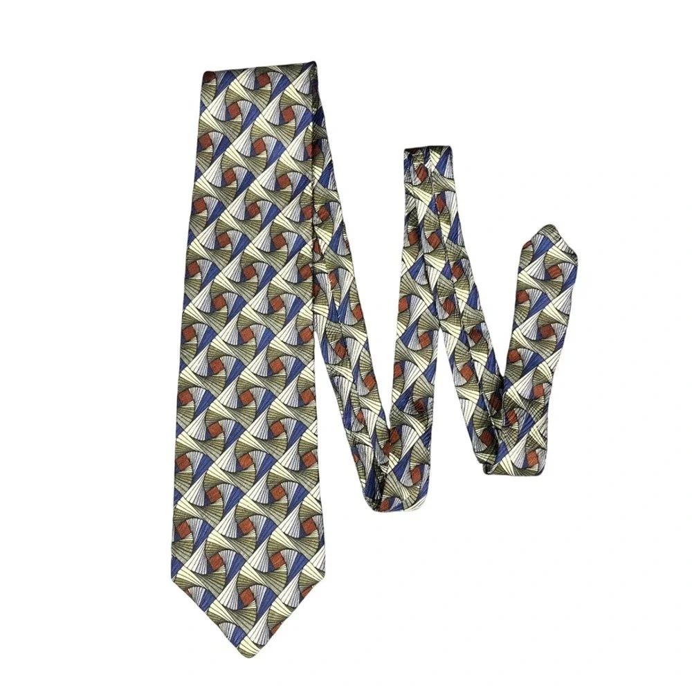 Jhane Barnes Mens Silk Tie Geometric Spiral Blue Tan Green Rust Made in Japan